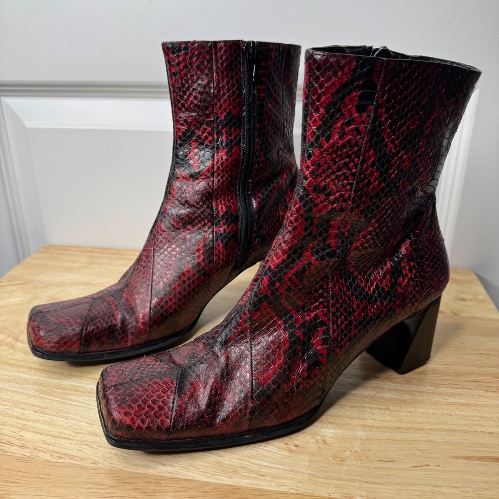 Carlos Falchi VTG Red Burgundy Snakeskin Leather Ankle High Square-Toe Boots